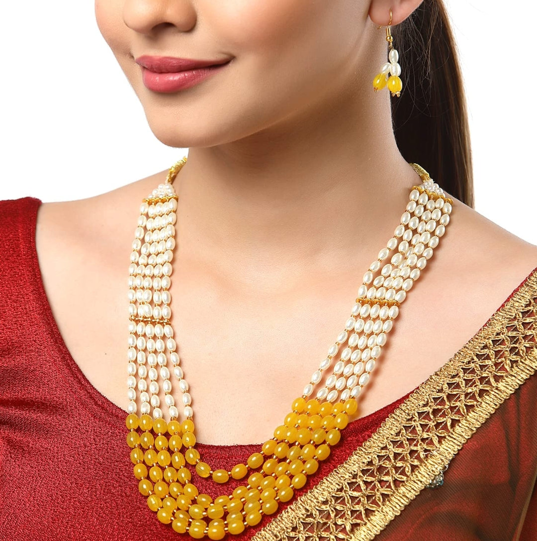 Gold-Plated Quartz & Pearls Beaded Brass Jewellery Set - Image 2