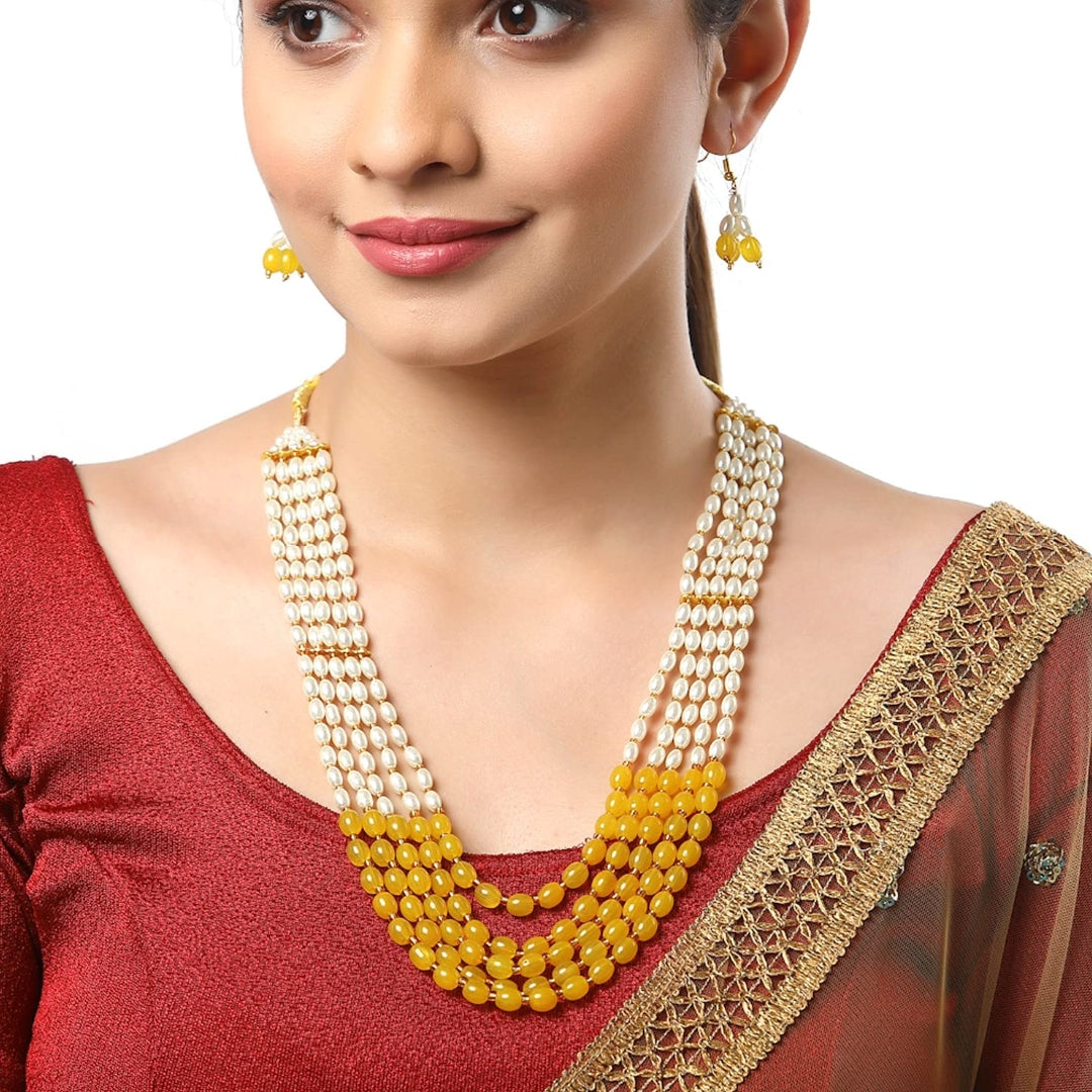 Gold-Plated Quartz & Pearls Beaded Brass Jewellery Set - Image 4