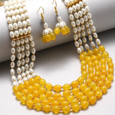 Gold-Plated Beaded 5 Layered Necklace With Drop Earring Jewellery Set