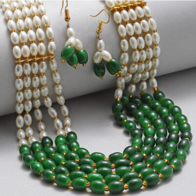 Gold-Plated Quartz & Pearls Beaded Brass Jewellery Set
