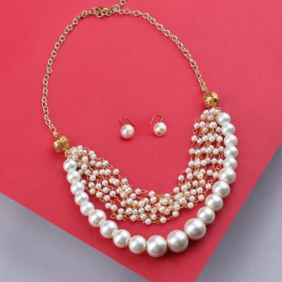 Gold-Plated Pearl-Beaded Necklace & Earrings Set
