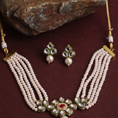 Gold-Plated Pearl-Beaded Necklace & Earrings Set