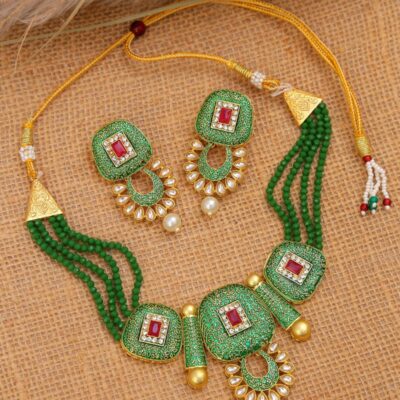 Gold Plated Green Meenakari Kundan Jewellery Set