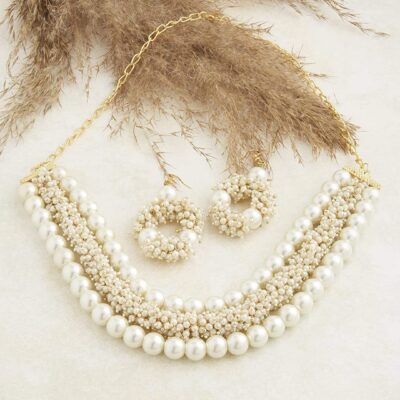 Gold Tone Multistrand Cluster Pearls Choker Necklace & Earring Set