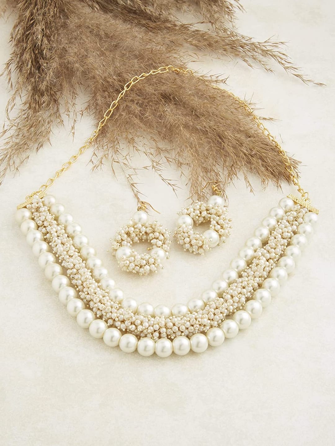 Gold Tone Multistrand Cluster Pearls Choker Necklace & Earring Set