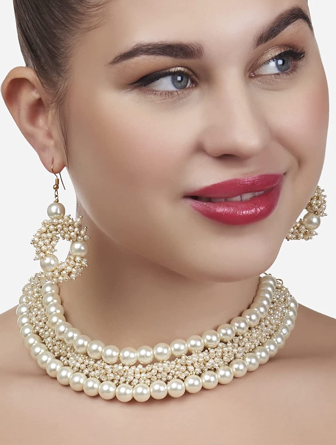 Gold Tone Multistrand Cluster Pearls Choker Necklace & Earring Set - Image 3