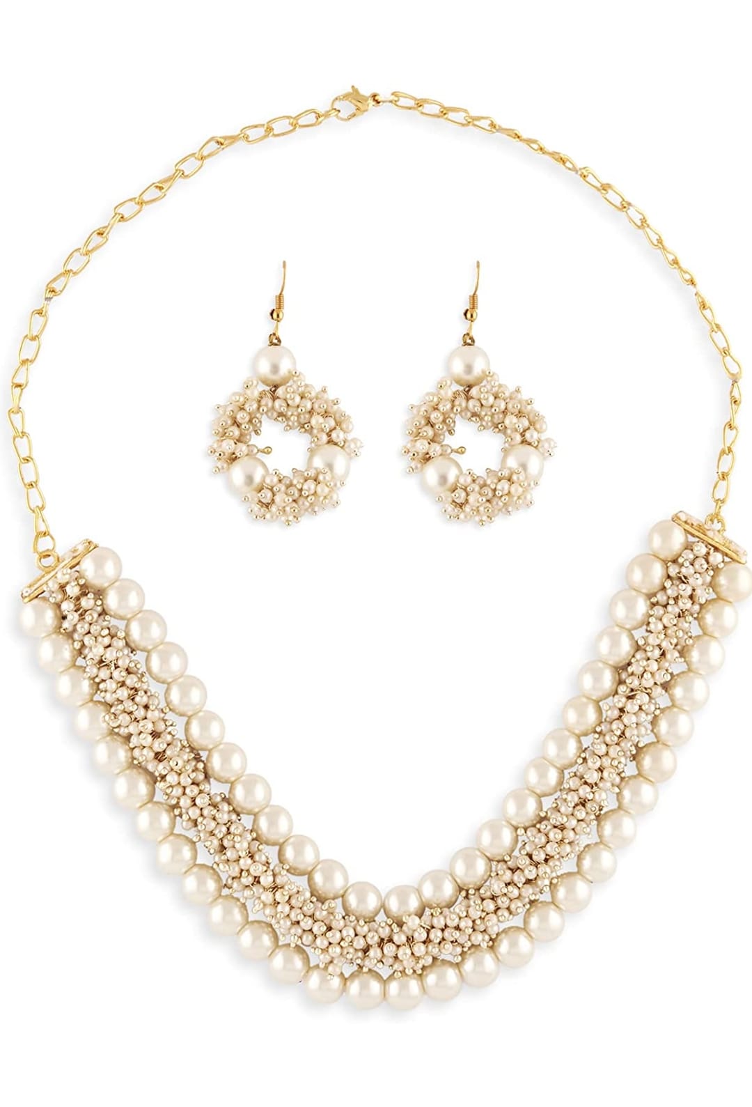 Gold Tone Multistrand Cluster Pearls Choker Necklace & Earring Set - Image 4