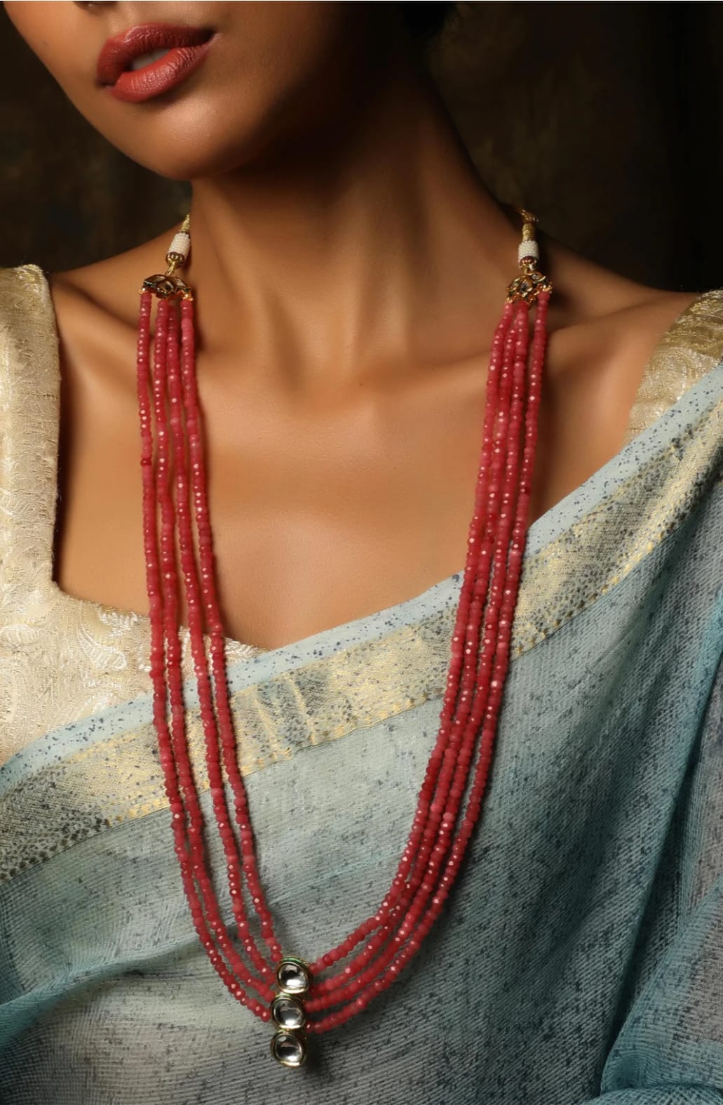 Pink Onyx Stone Necklace With Kundan Stone