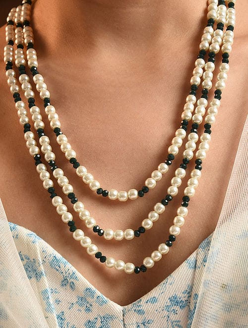 Green Beaded Pearl Layered Necklace - Image 2