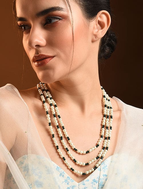 Green Beaded Pearl Layered Necklace