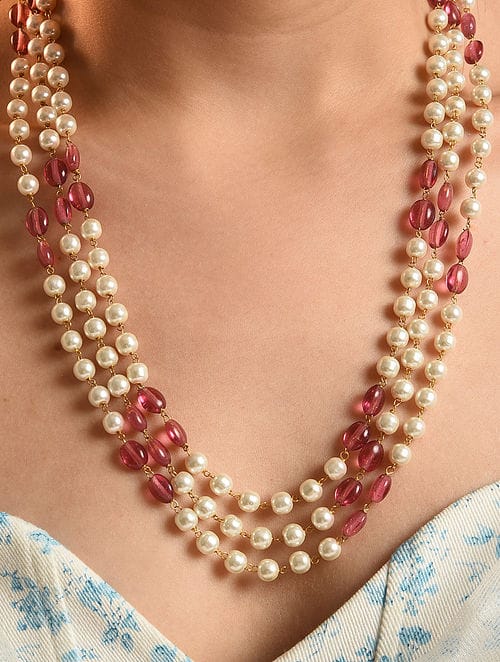 Pink Pearl Beaded Layered Necklace - Image 2