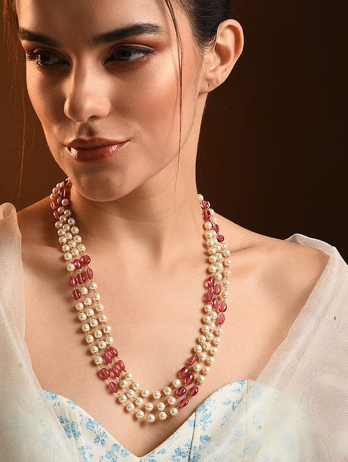 Pink Pearl Beaded Layered Necklace