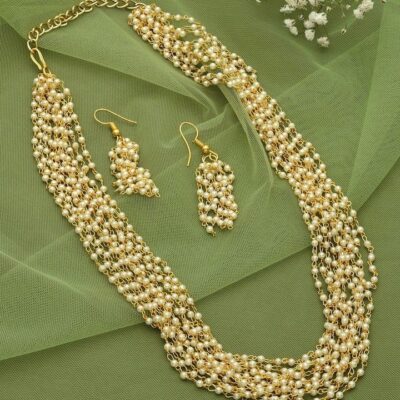 Gold Tone Ethnic Multistrand Pearls Necklace & Earring Set