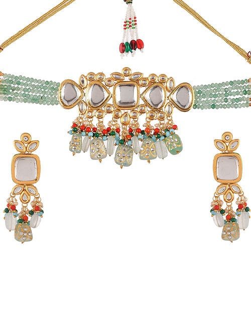 Jadau Kundan Necklace & Earrings Set - Image 4