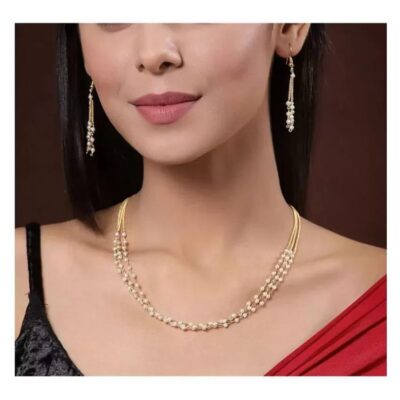 Gold-Plated Beaded Layered Necklace & Earrings Set