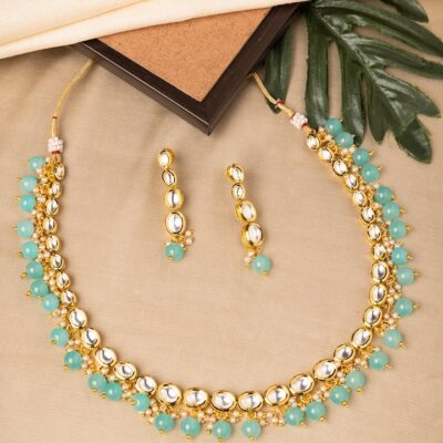 Green Stone With Gold Tone Kundan Choker Necklace Set