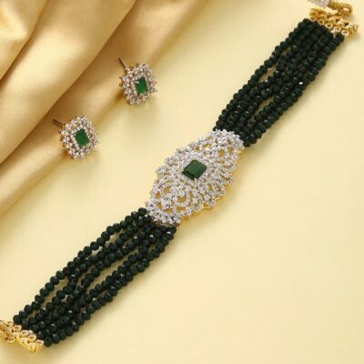 Green Stone With Silver Tone Ad Necklace Set