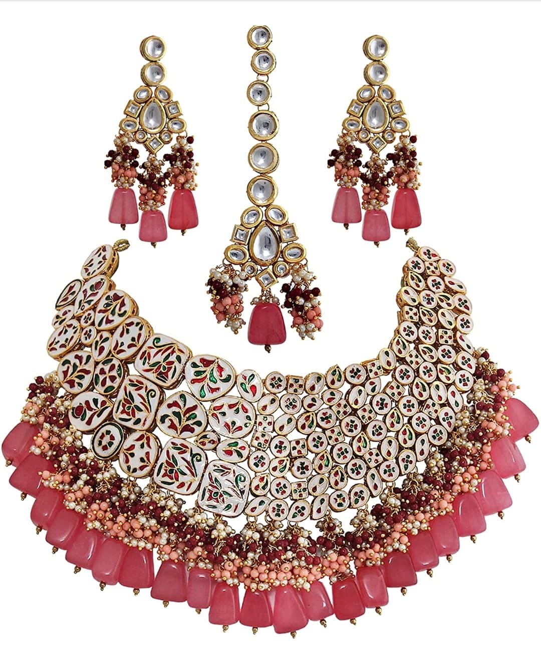 Gold Plated Elegant kundan Necklace set With Tika - Image 4