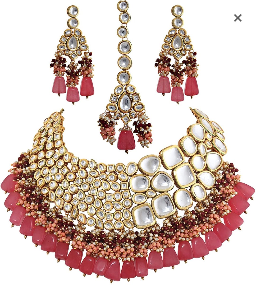 Gold Plated Elegant kundan Necklace set With Tika - Image 6