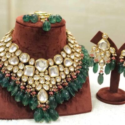 Green Stone With Gold Tone Kundan Choker Necklace Set