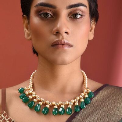 Gold-Plated Kundan-Studded Necklace & Earrings Set