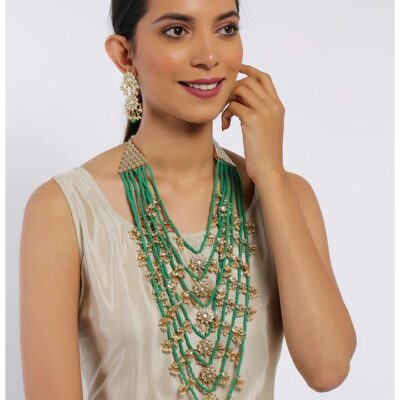 Multi Layered Long Green Beads & Kundan Bridal Necklace