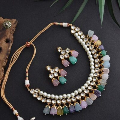 Gold-Plated Kundan-Studded Necklace & Earrings Set