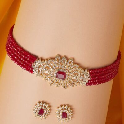Gold-Plated & Maroon Stone-Studded Beaded Jewellery Set