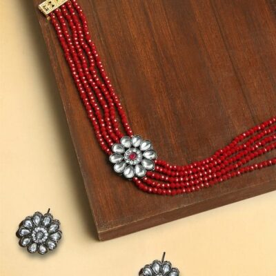 Red Maroon Beads With Kundan Multi Layer Ethnic Choker Necklace Set