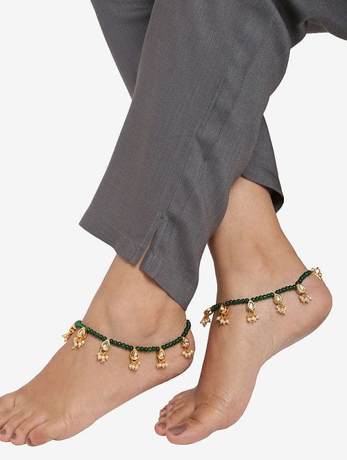 Gold Plated Kundan Pearl Tasselled Payal