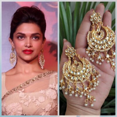 Deepika Padukone Inspired Gold Plated Kundan Polki And Pearl Chandbali Earrings