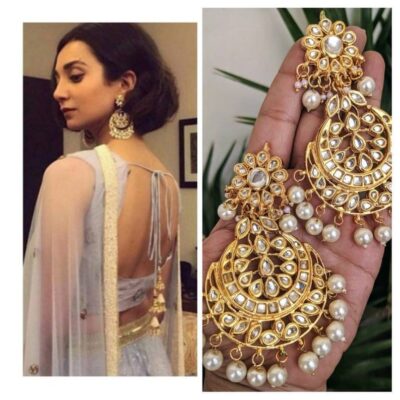 Gold Plated Kundan Polki And Pearl Chandbali Earrings