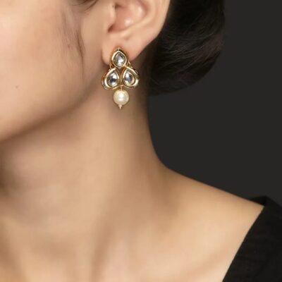 Gold Plated Kundan Polki And Pearl Earrings