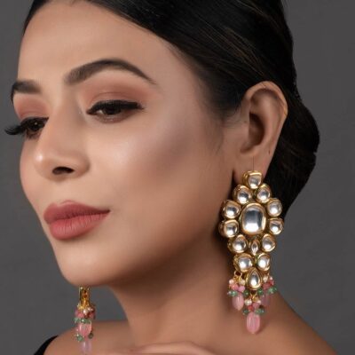 Gold Finish Stud Earrings With Kundan Polki Stone