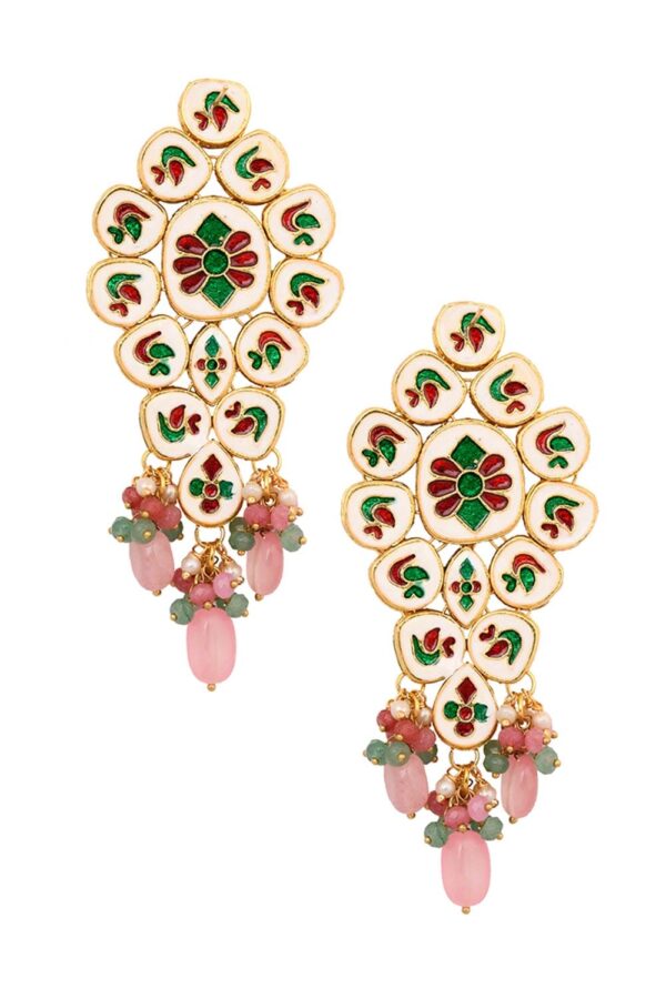 Gold Finish Stud Earrings With Kundan Polki Stone - Image 4