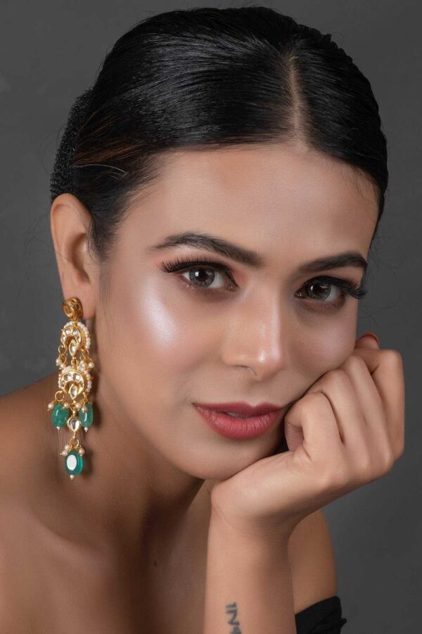 Gold Finish Stud Earrings With Kundan Polki Stone