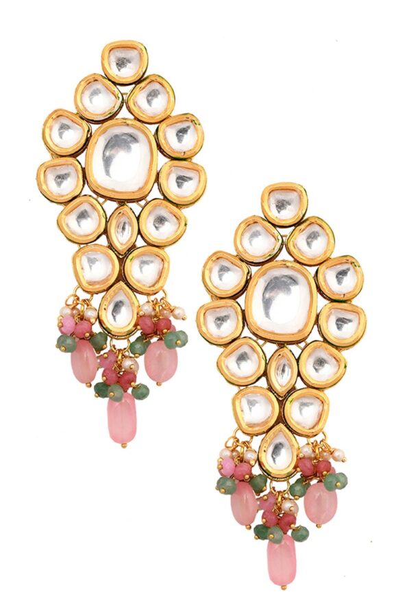 Gold Finish Stud Earrings With Kundan Polki Stone - Image 2