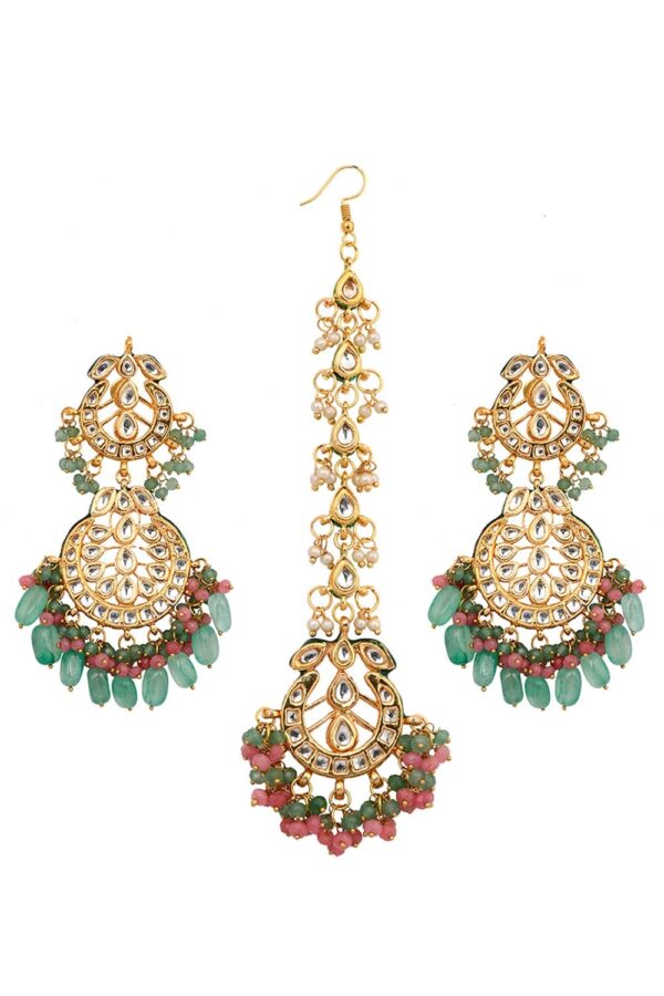 Pink Green Gold Tone Kundan Inspired Maang Tikka With Earrings - Image 2