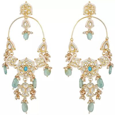 Gold Finish Stud Earrings With Kundan Polki Stone