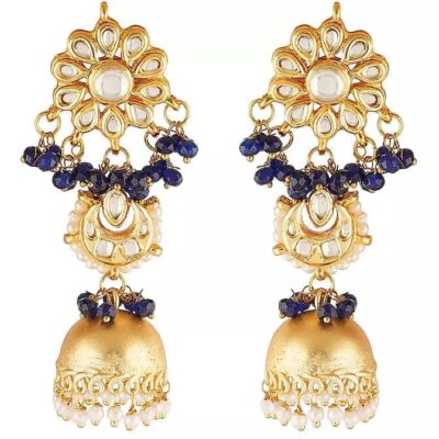 Gold Finish Stud Earrings With Kundan Polki Stone