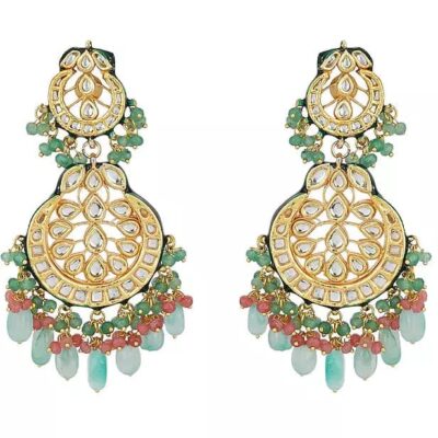 Gold Finish Stud Earrings With Kundan Polki Stone