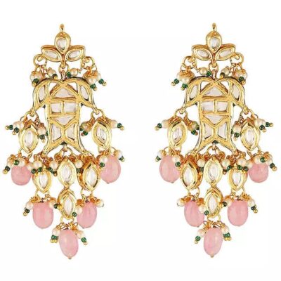 Gold Finish Stud Earrings With Kundan Polki Stone
