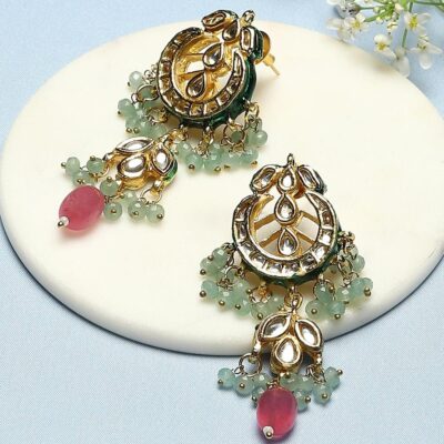 Gold Finish Stud Earrings With Kundan Polki Stone