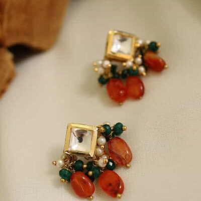 Gold Finish Stud Earrings With Kundan Polki Stone