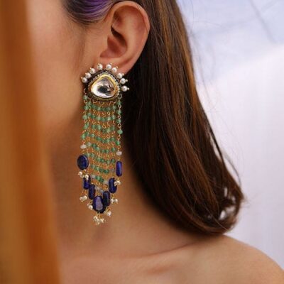 Traditional Silver Polki Earrings With Blue Stone