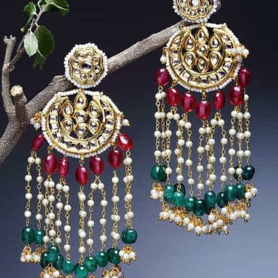 Gold Finish Kundan & Green Red Stone Drop Earrings