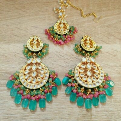 Indian Mint Kundan Earrings Maang Tikka Fashion Traditional Jewelry