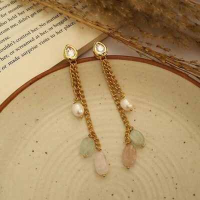 Gold Plated Kundan Studded Drop Earrings