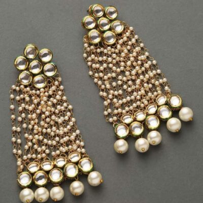 Gold Plated Kundan Floral And Leaf Carved Dangler Earrings