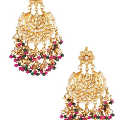 Gold Plated Kundan Bead Drop Carved Chandbali Earrings
